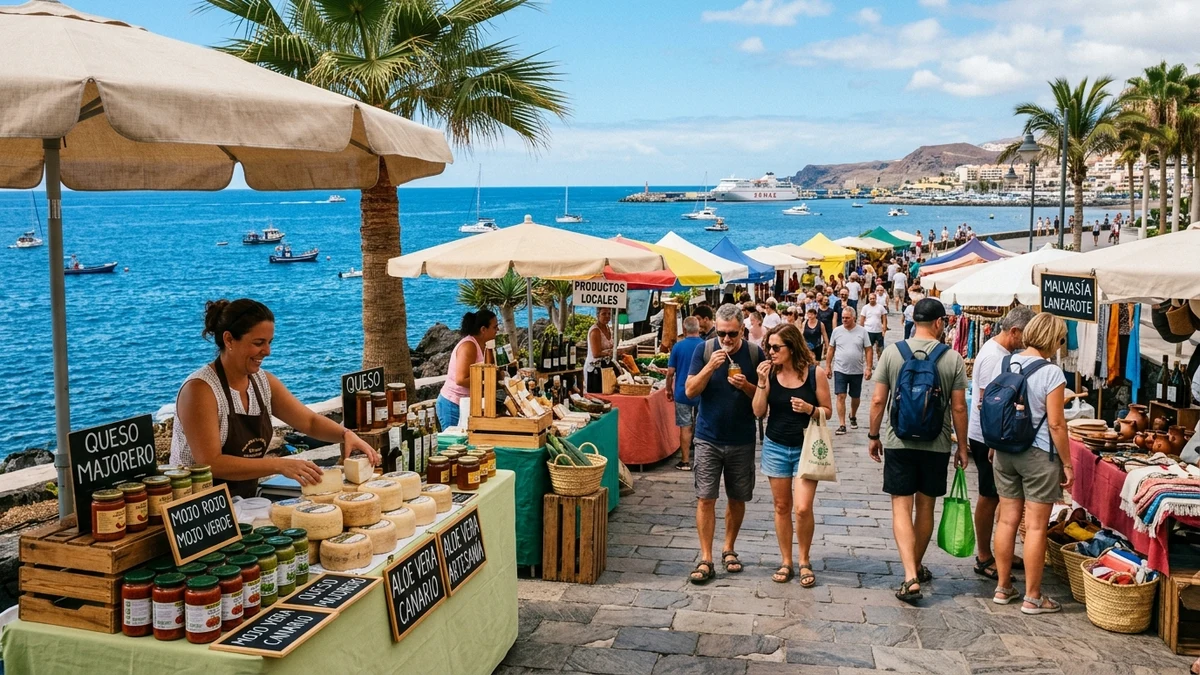Canary Islands oceanfront artisan market with Queso Majorero, local honey, and volcanic stone crafts