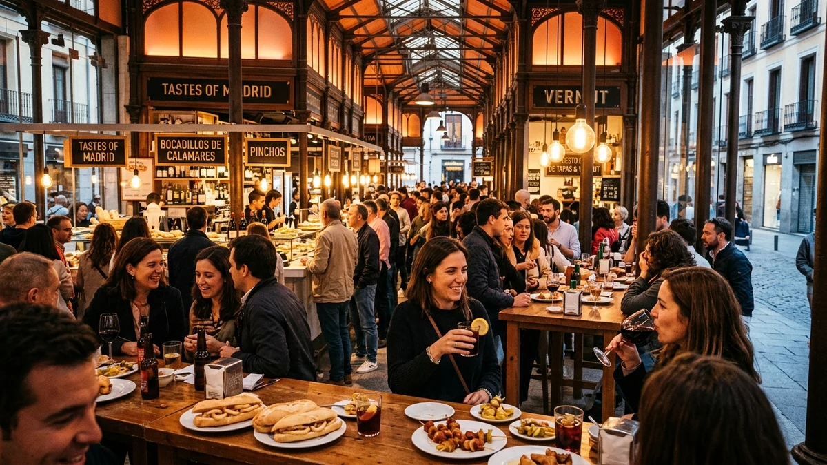 Mercado de San Miguel interior in Madrid with cast-iron architecture, tapas counters, and vermut bars