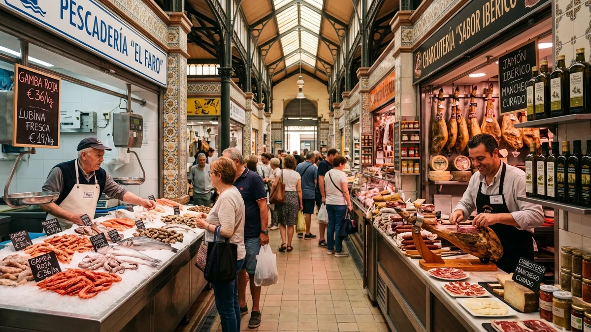 Historic Spanish covered municipal food market with fresh seafood counters and Jamón Ibérico hanging displays