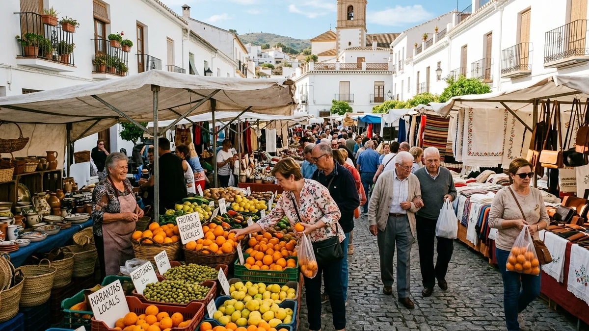 Open-air weekly street mercadillo with canvas awnings, Mediterranean ceramics, and textile stalls